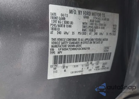 2013 Ford Explorer Xlt z USA, uszkodzony, nr VIN 1FM5K7D88DGC69218